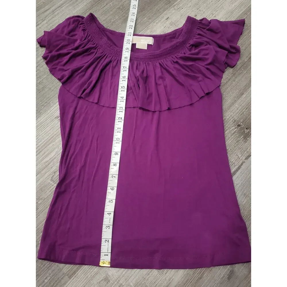 Michael Kors Purple Ruffled Shaw Short Sleeve Blouse Crew Neck Shirt